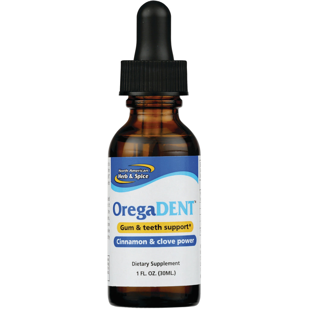 NHS043 | OregaDENT dropper bottle labeled Gum & teeth support Cinnamon & clove power 1 FL OZ - Thumbnail