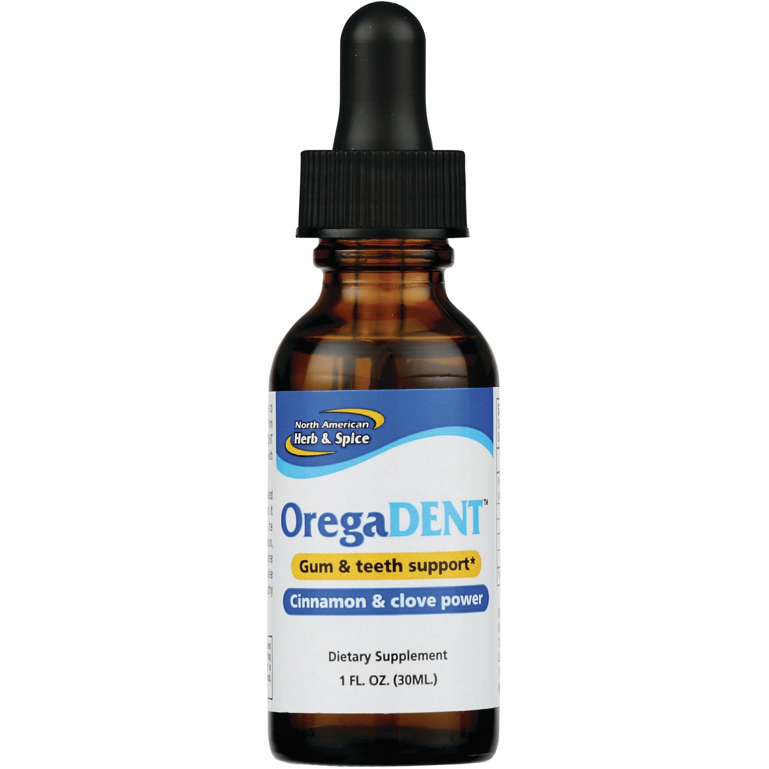 NHS043 | OregaDENT dropper bottle labeled Gum & teeth support Cinnamon & clove power 1 FL OZ