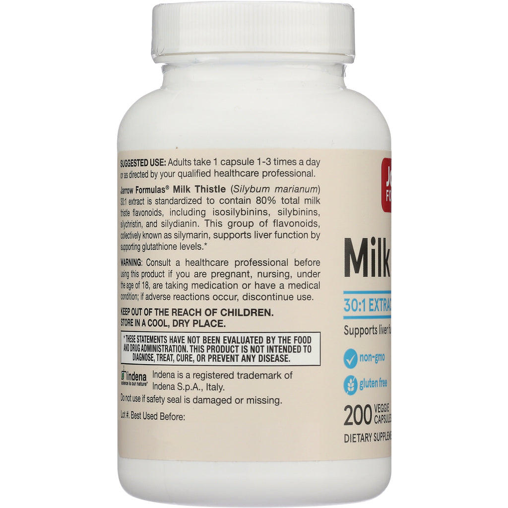 JR042 | Back label of milk thistle supplement bottle showing usage instructions, warnings, and Keep out of the reach of children - Thumbnail