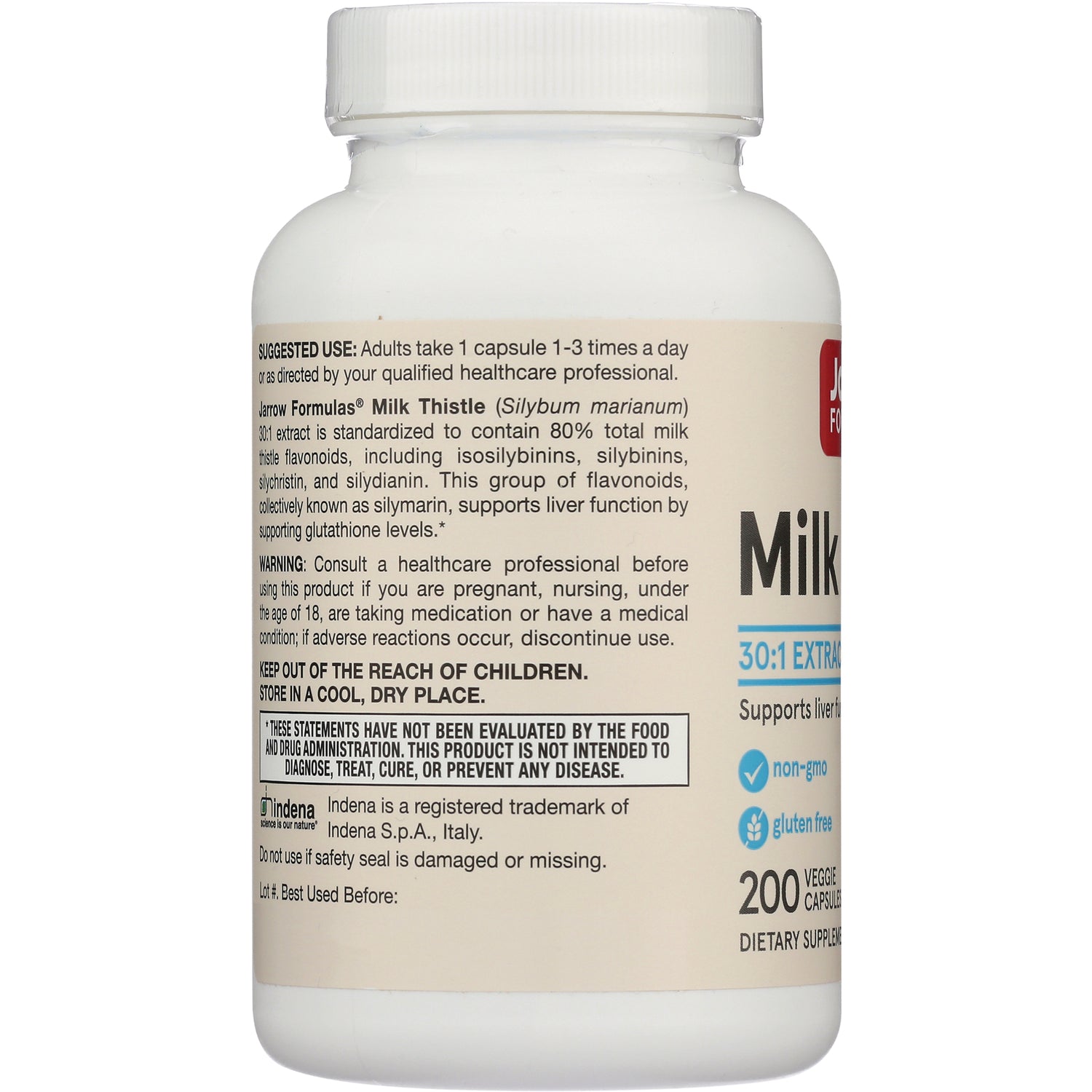 JR042 | Back label of milk thistle supplement bottle showing usage instructions, warnings, and Keep out of the reach of children