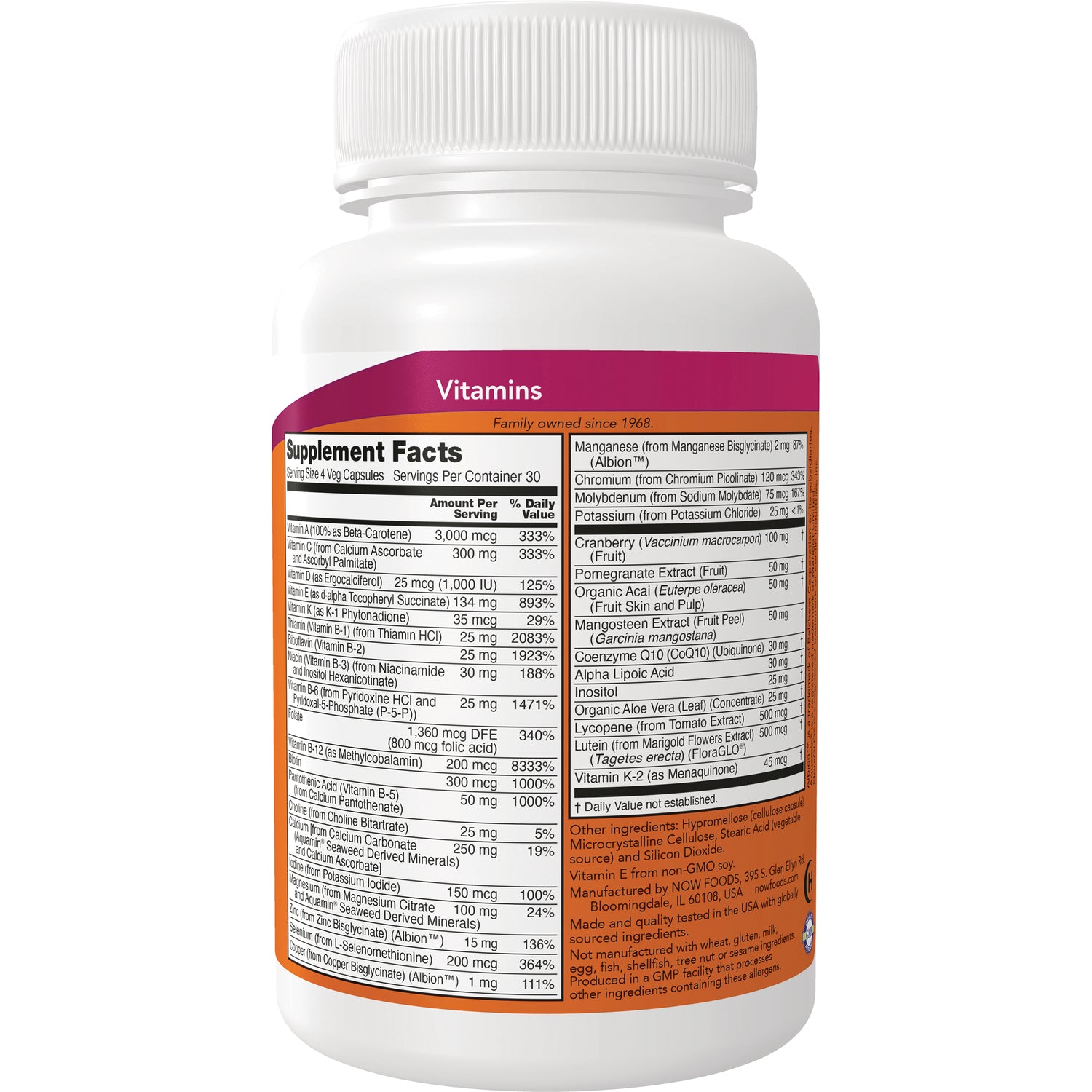 NWF476 | Supplement Facts label and ingredient panel on back of white vitamin bottle