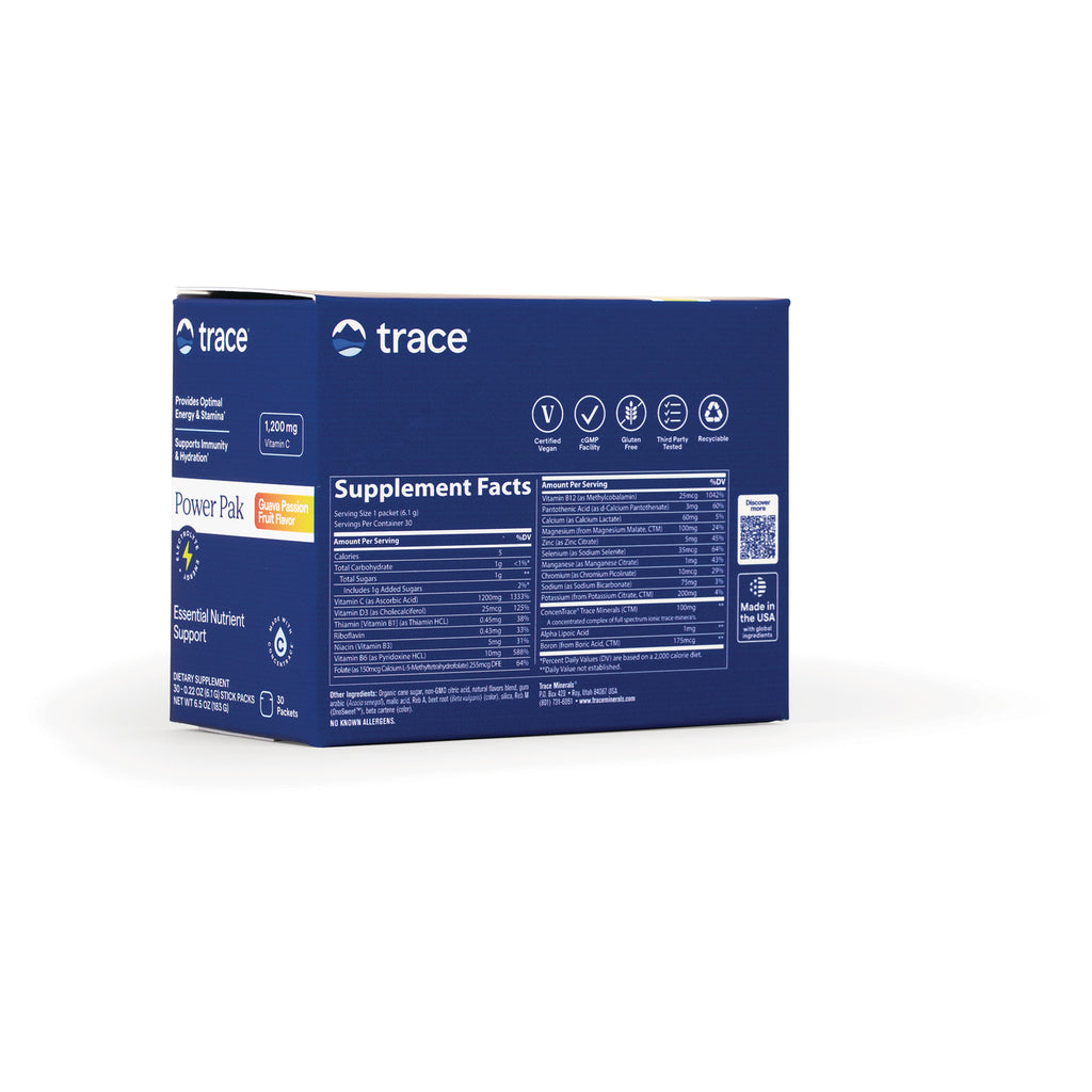 TM124 | Trace Power Pak box back with Supplement Facts, icons, and Guava Passion Fruit Flavor - Thumbnail