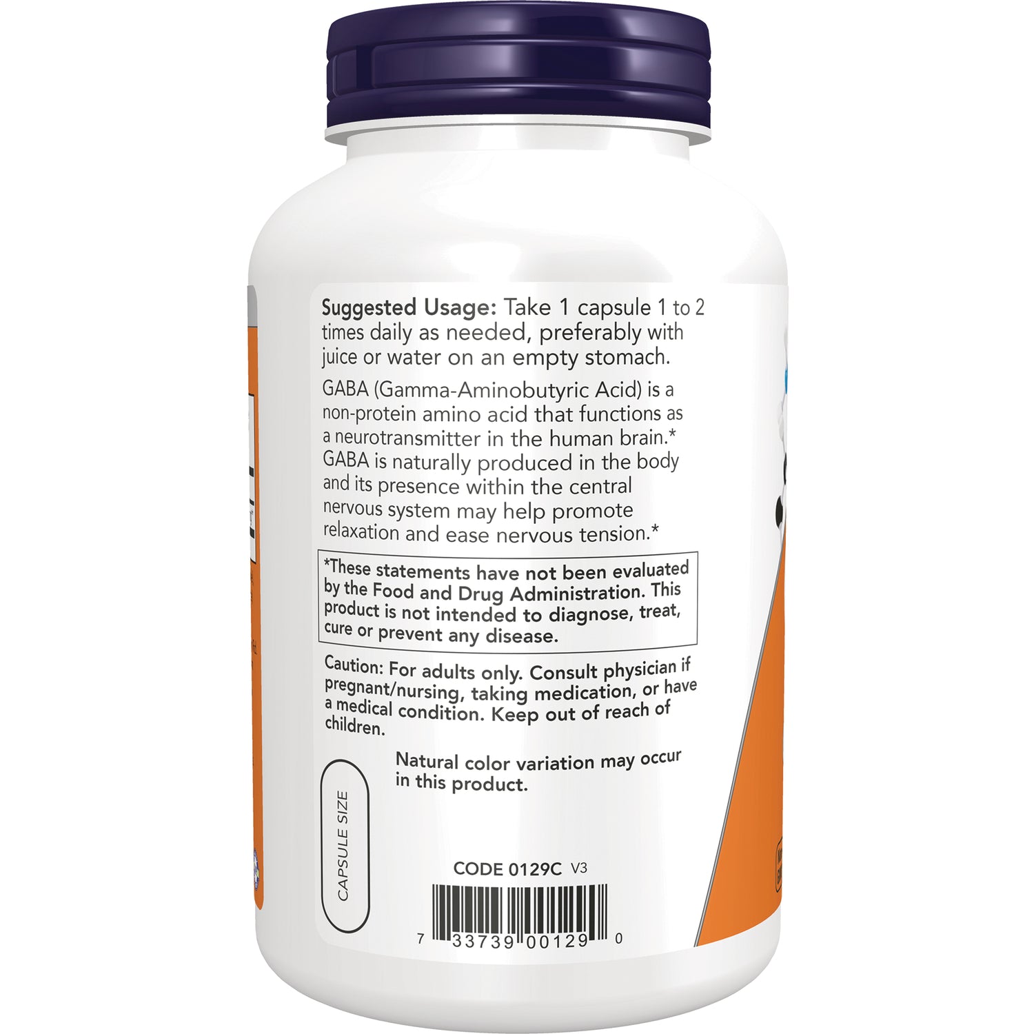 NWF1432 | Back label of white supplement bottle showing suggested usage, caution text, and barcode