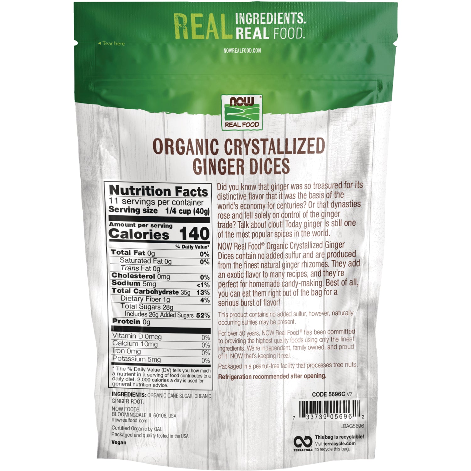 NWF929 | Back of pouch showing Nutrition Facts, ingredients, barcode and product description for Organic Crystallized Ginger Dices