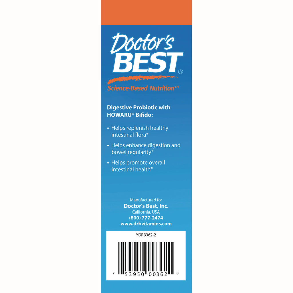 DB297 | Back panel of Doctor's Best probiotic label showing benefits, contact info and barcode - Thumbnail