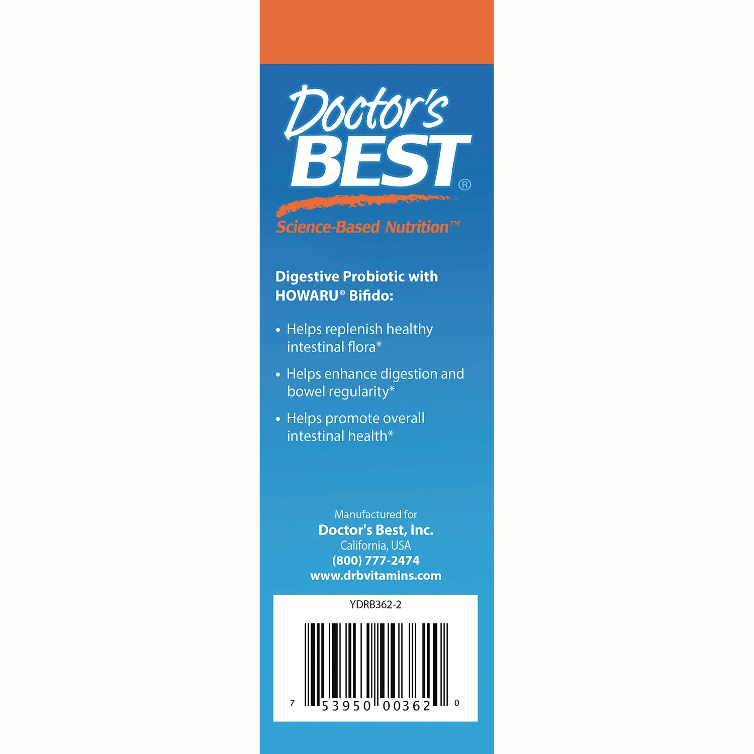 DB297 | Back panel of Doctor's Best probiotic label showing benefits, contact info and barcode