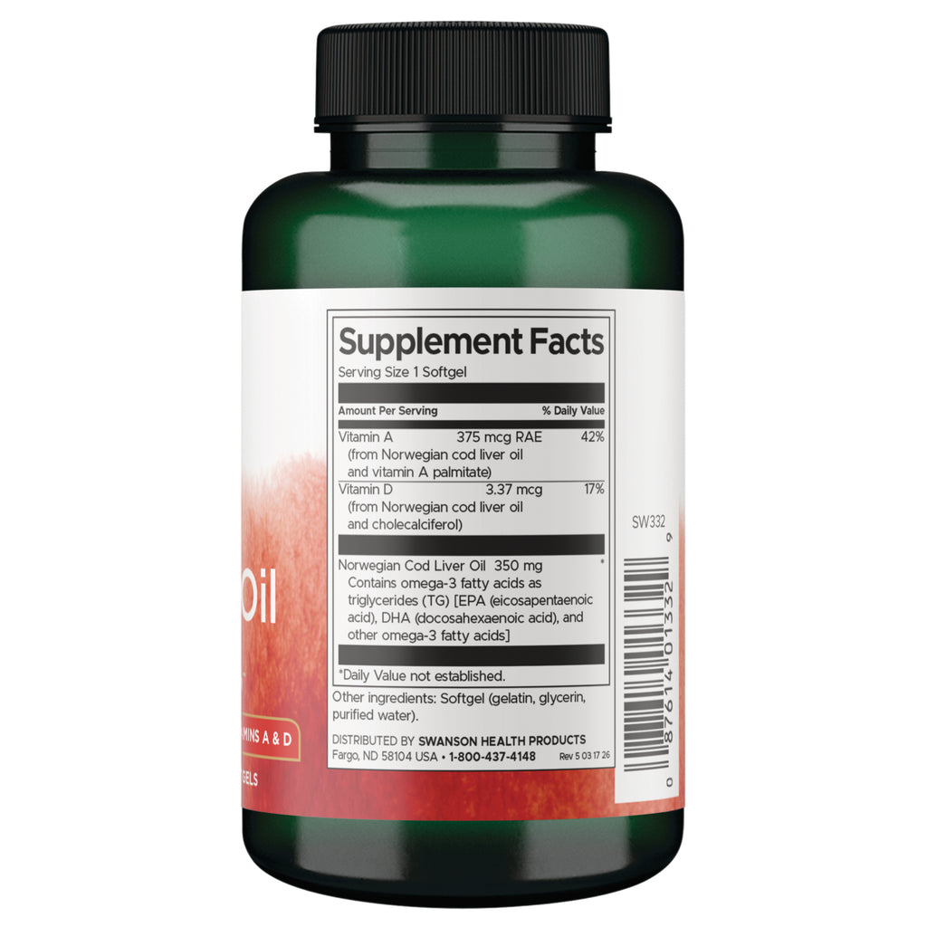 SW332 | Back label with Supplement Facts panel and barcode, serving size 1 softgel - Thumbnail