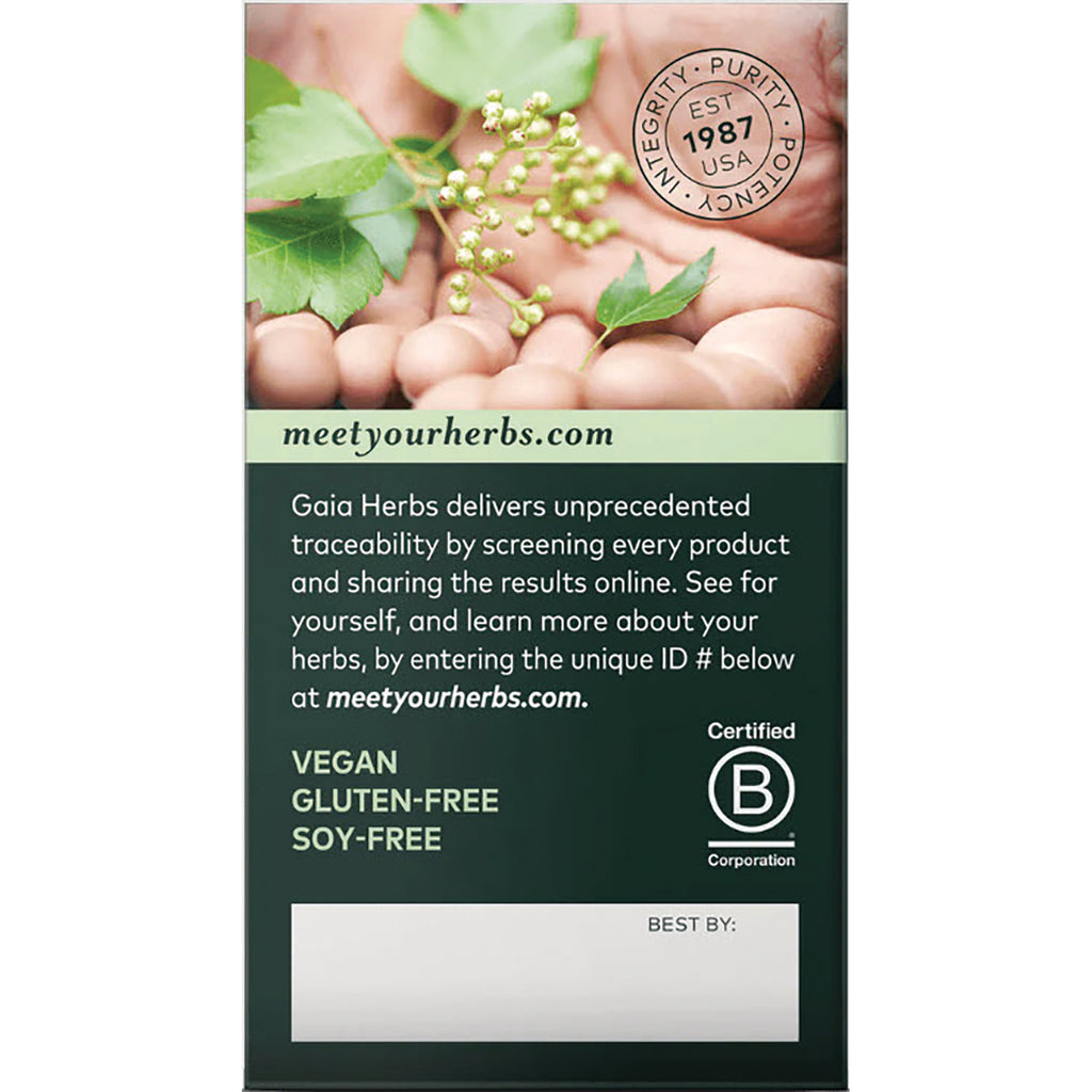 GH053 | Back of Gaia Herbs box with hands and leaves image, meetyourherbs.com traceability text, vegan gluten-free soy-free and Certified B Corp seal - Thumbnail
