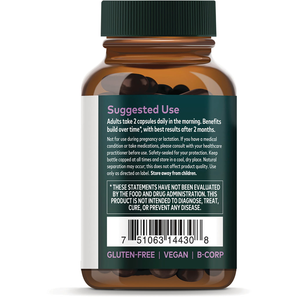 GH053 | Back of Gaia Herbs box with hands and leaves image, meetyourherbs.com traceability text, vegan gluten-free soy-free and Certified B Corp seal - Thumbnail