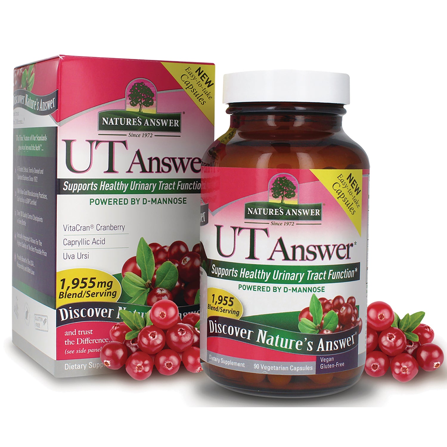 NAT418 | Nature's Answer UT Answer cranberry supplement bottle and box with cranberries, front packaging showing 1,955 mg label
