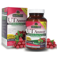 NAT418 | Nature's Answer UT Answer cranberry supplement bottle and box with cranberries, front packaging showing 1,955 mg label