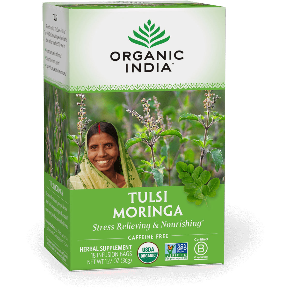 RGN075 | Organic India Tulsi Moringa tea box front with brand logo, smiling woman, moringa leaves
