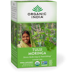 RGN075 | Organic India Tulsi Moringa tea box front with brand logo, smiling woman, moringa leaves