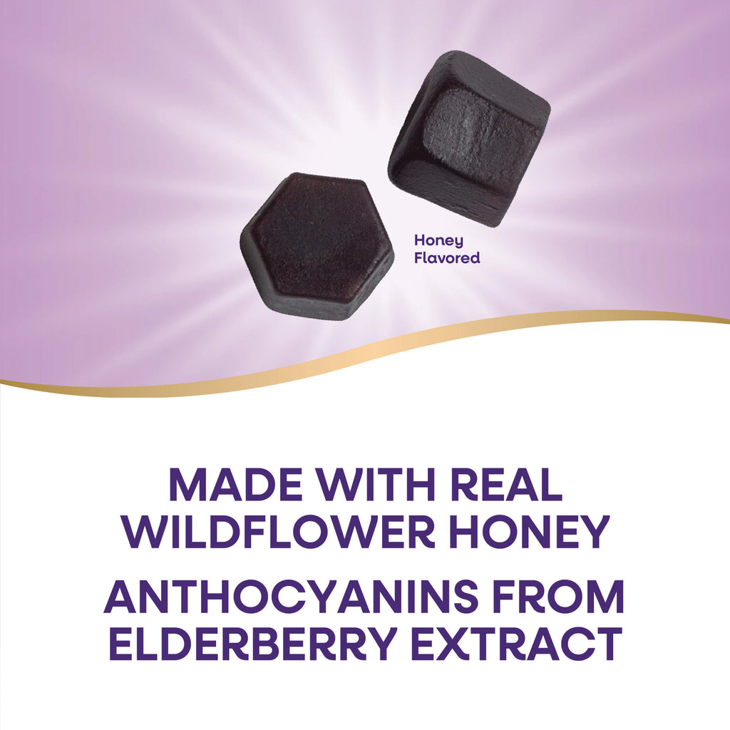 NW1074 | two dark lozenges with Honey Flavored label and copy made with real wildflower honey and anthocyanins from elderberry extract - Thumbnail