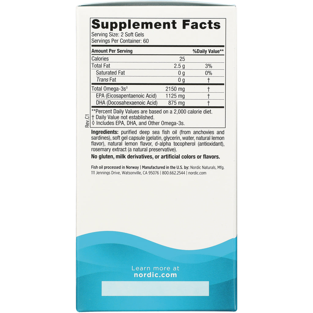 NRN084 | Back of supplement box with Supplement Facts: Serving Size 2 Soft Gels; Total Omega-3s 2150 mg; ingredients; nordic.com - Thumbnail