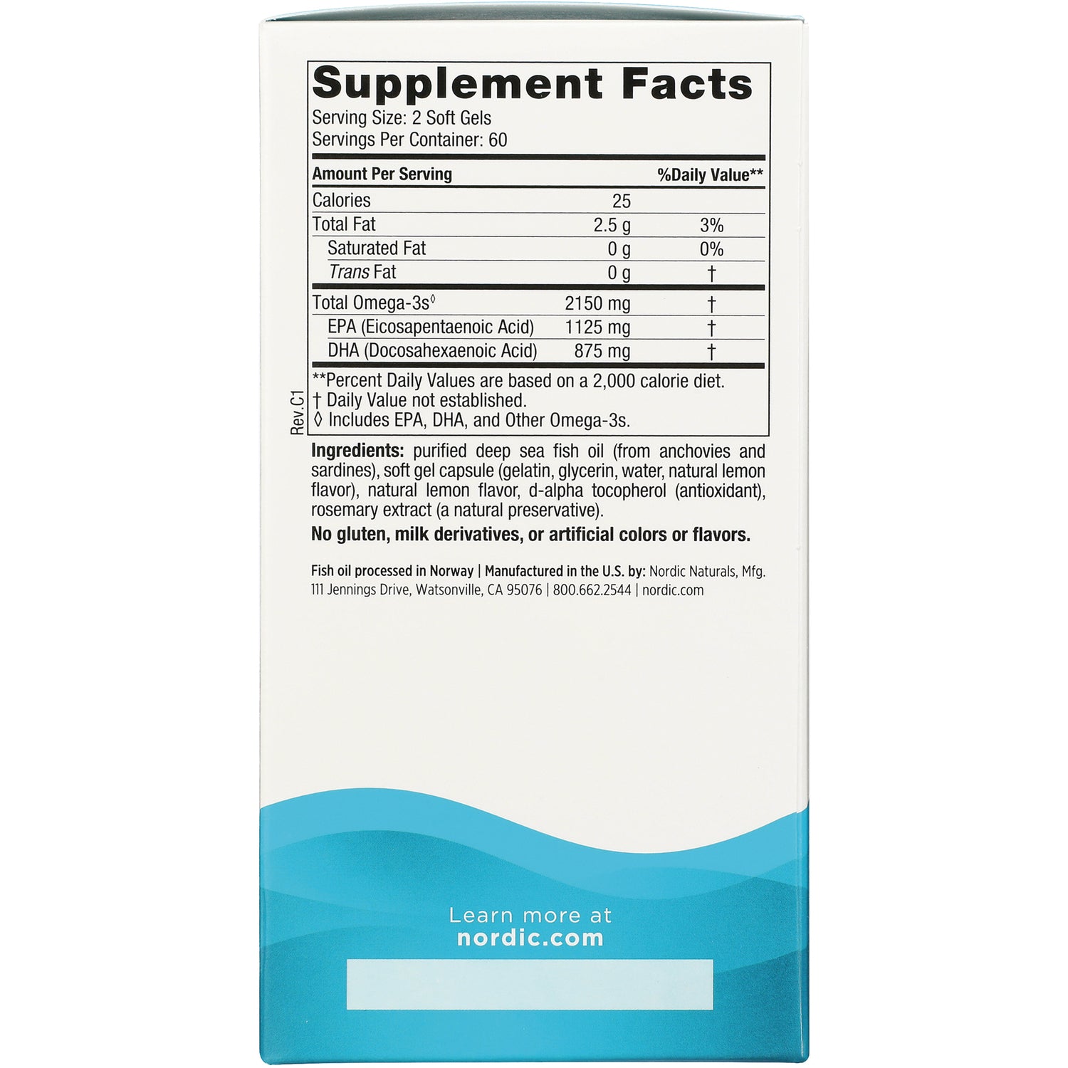 NRN084 | Back of supplement box with Supplement Facts: Serving Size 2 Soft Gels; Total Omega-3s 2150 mg; ingredients; nordic.com