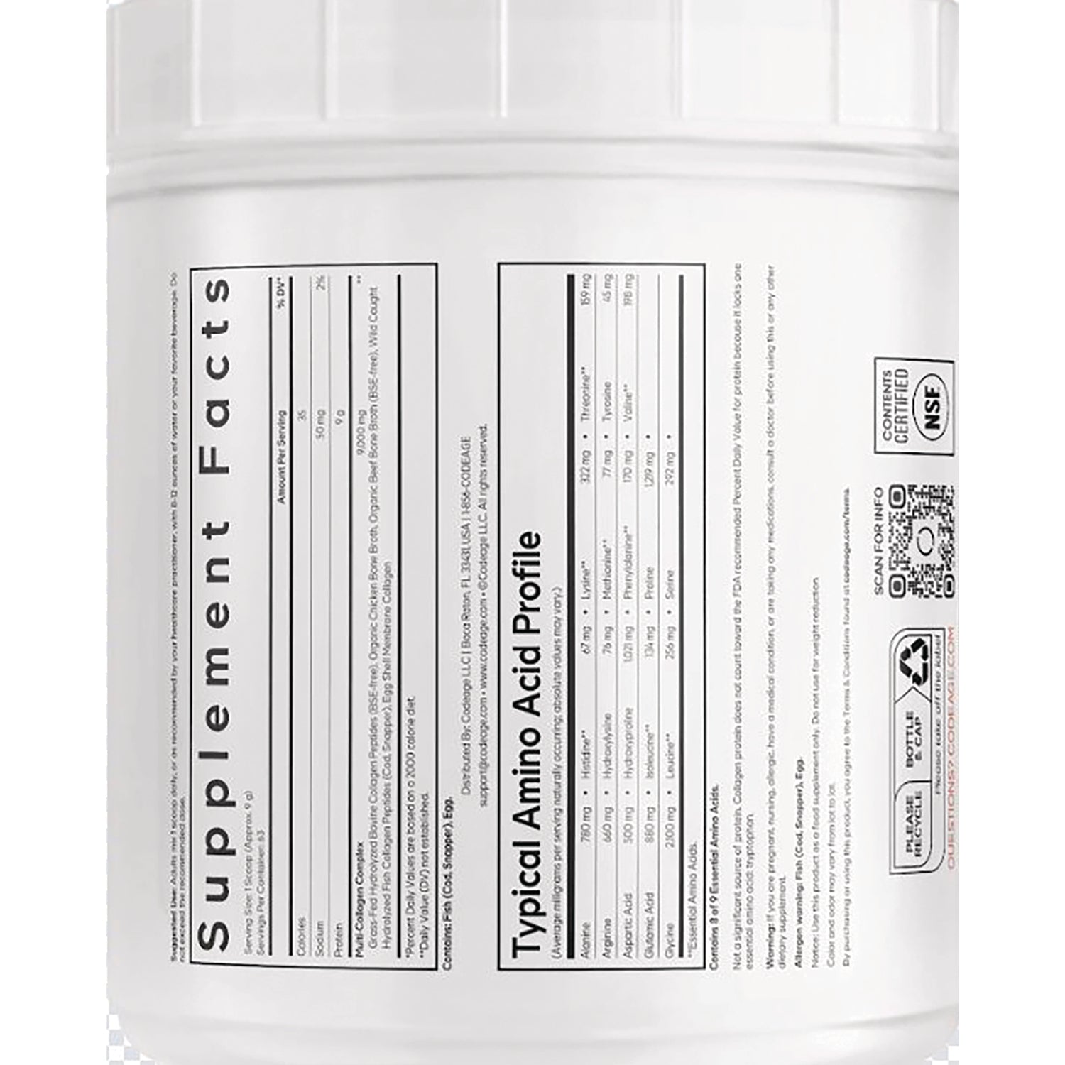 CDG009 | back label of white supplement tub showing Supplement Facts and Typical Amino Acid Profile