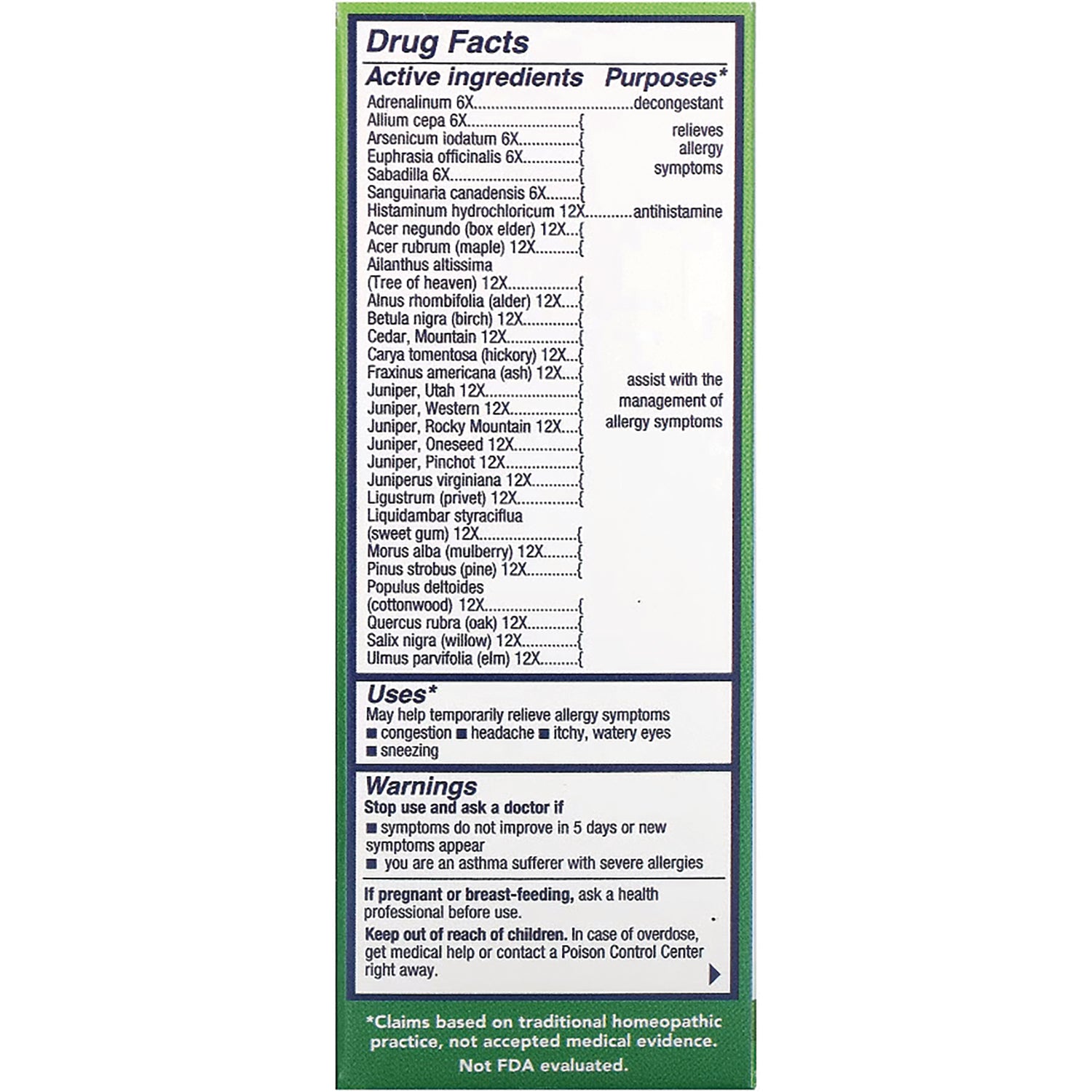 NTB027 | Back panel showing Drug Facts with active ingredients, uses, and warnings for allergy relief