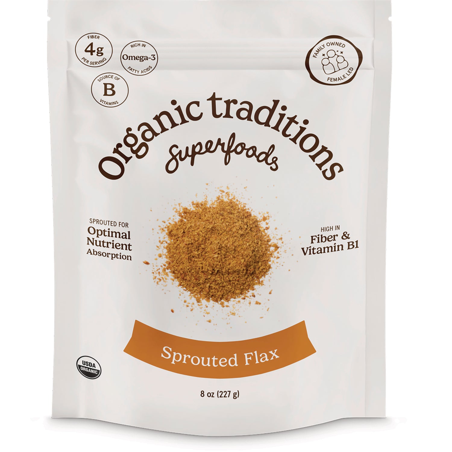 OTR070 | Front pouch of Organic traditions Superfoods Sprouted Flax 8 oz (227 g) showing a pile of ground flax