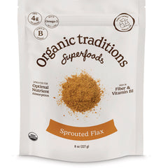 OTR070 | Front pouch of Organic traditions Superfoods Sprouted Flax 8 oz (227 g) showing a pile of ground flax