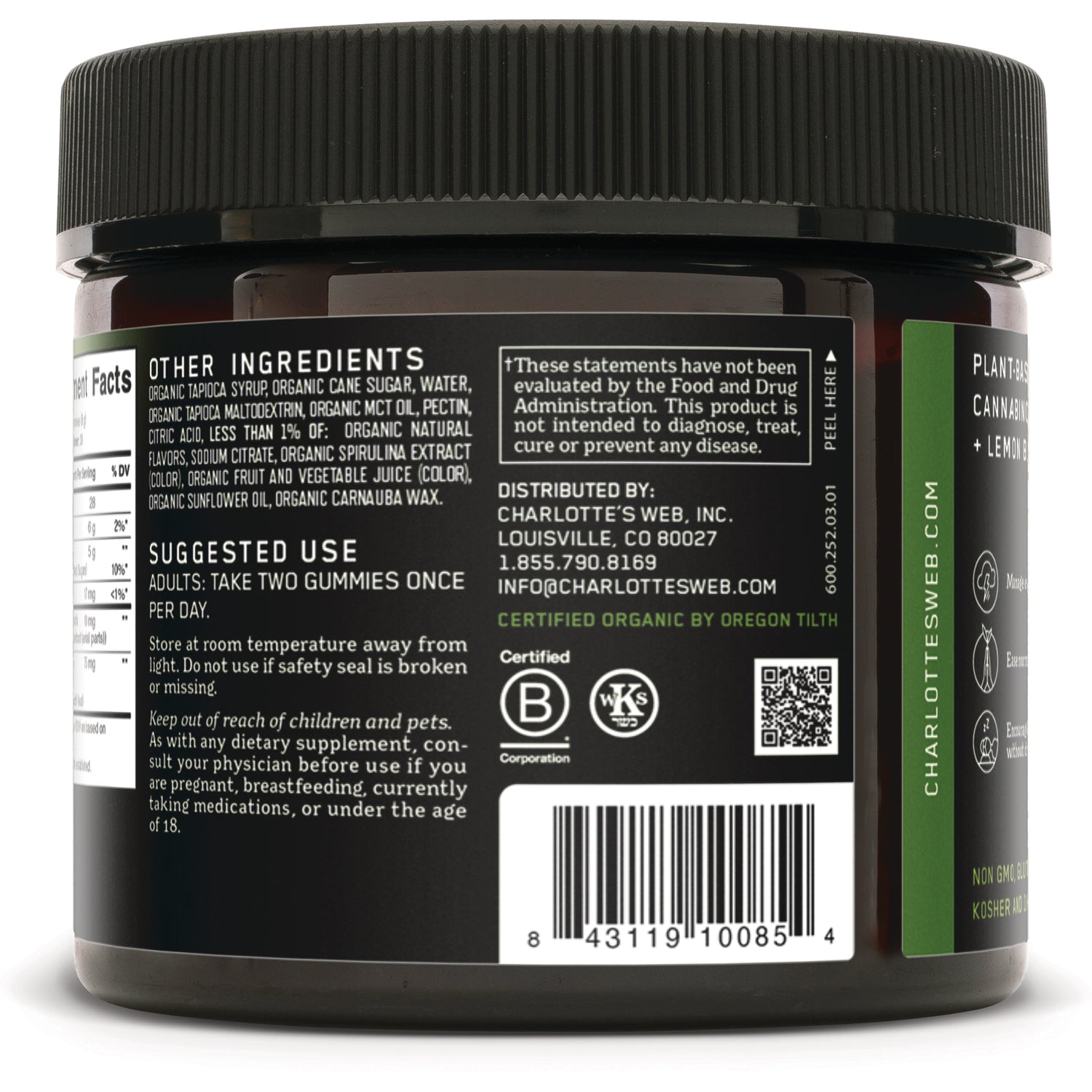 CHW015 | Back label of brown jar showing ingredients, suggested use, distributor info, certifications, and barcode