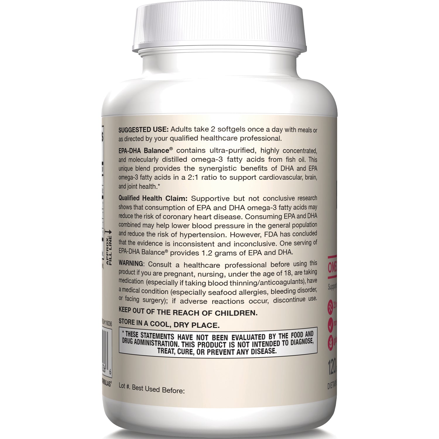 JR188 | Back label of white supplement bottle showing suggested use, warnings, and storage instructions