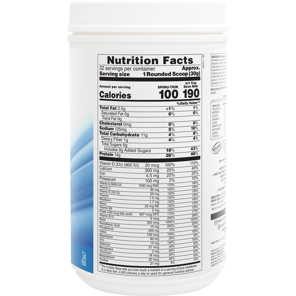 NTP090 | Nutrition Facts panel on back of white supplement tub showing calories, serving size, vitamins and minerals - Thumbnail