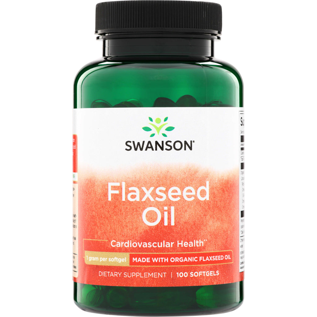 SWE001 | Swanson Flaxseed Oil bottle, 100 softgels; Cardiovascular Health; made with organic flaxseed oil - Thumbnail