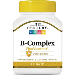 CNT162 | 21st Century B-Complex plus Vitamin C white bottle with yellow cap, 100 tablets label