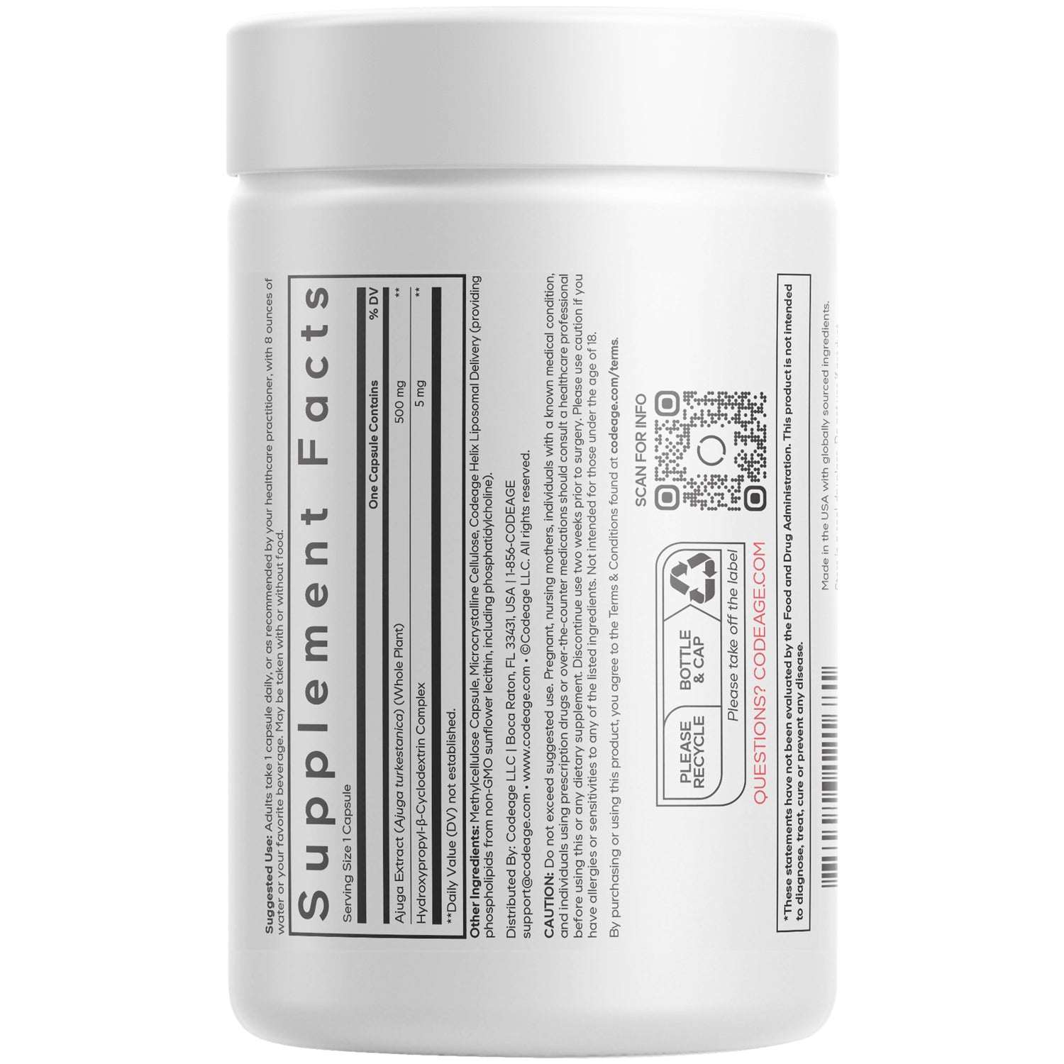 CDG008 | Back label of white supplement bottle showing Supplement Facts panel, ingredients, barcode and QR code