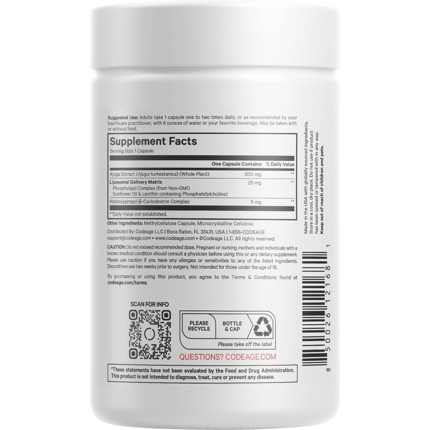CDG008 | Back label of white supplement bottle showing Supplement Facts panel, ingredients, barcode and QR code