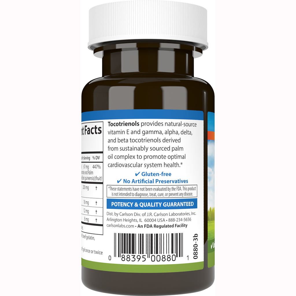CSN184 | Back of brown supplement bottle showing label text about tocotrienols, gluten-free, potency & quality guaranteed and barcode - Thumbnail