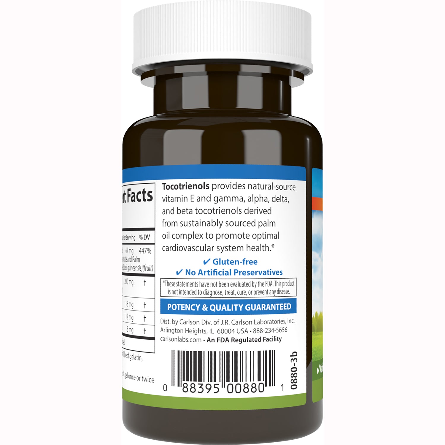 CSN184 | Back of brown supplement bottle showing label text about tocotrienols, gluten-free, potency & quality guaranteed and barcode