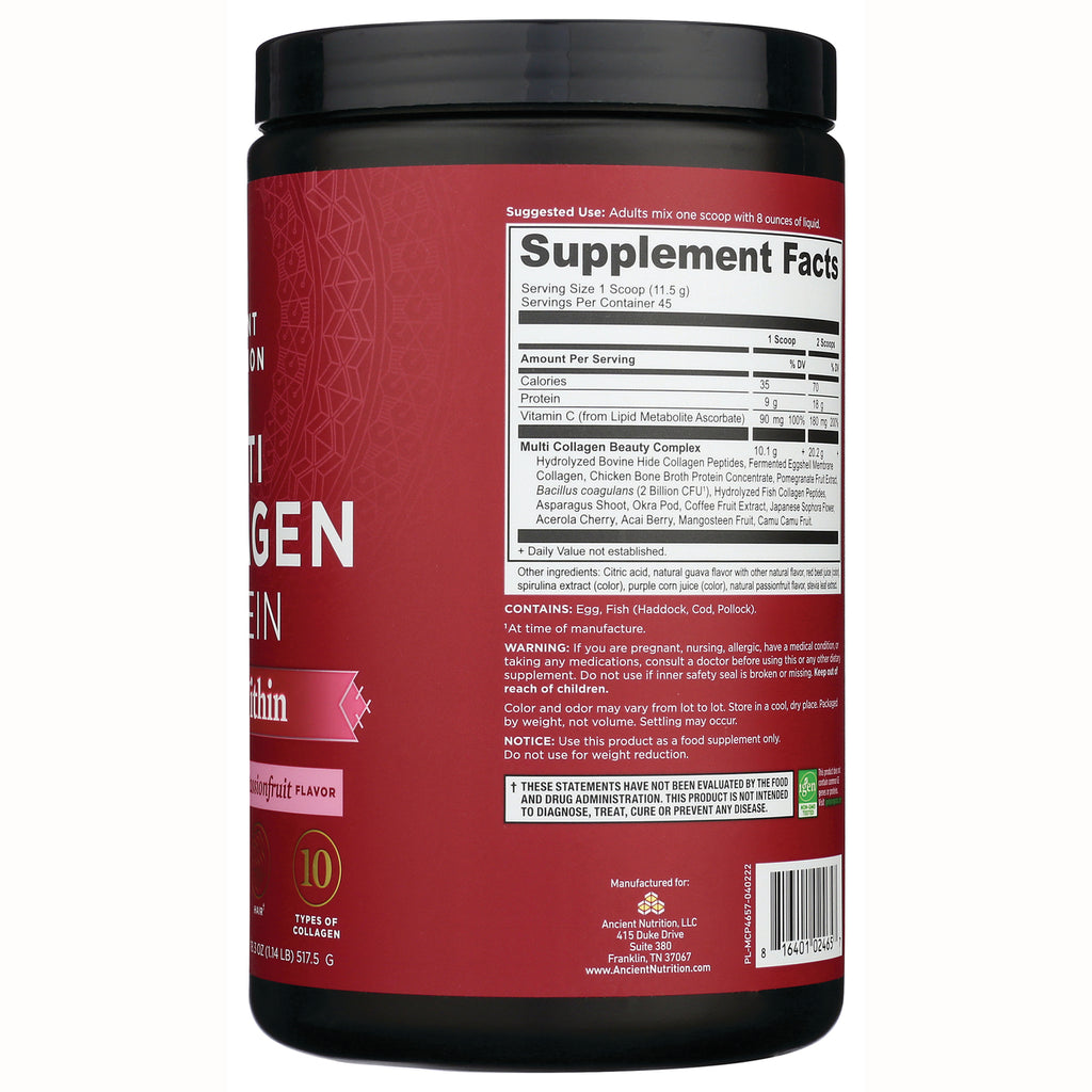 ATN045 | Back label with Supplement Facts, ingredients, warnings and barcode on red collagen powder tub - Thumbnail