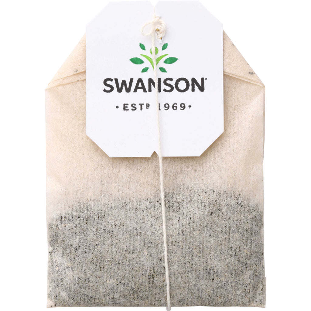 SWF084 | Close-up of tea bag with Swanson tag reading "SWANSON EST 1969" and visible dried tea leaves - Thumbnail