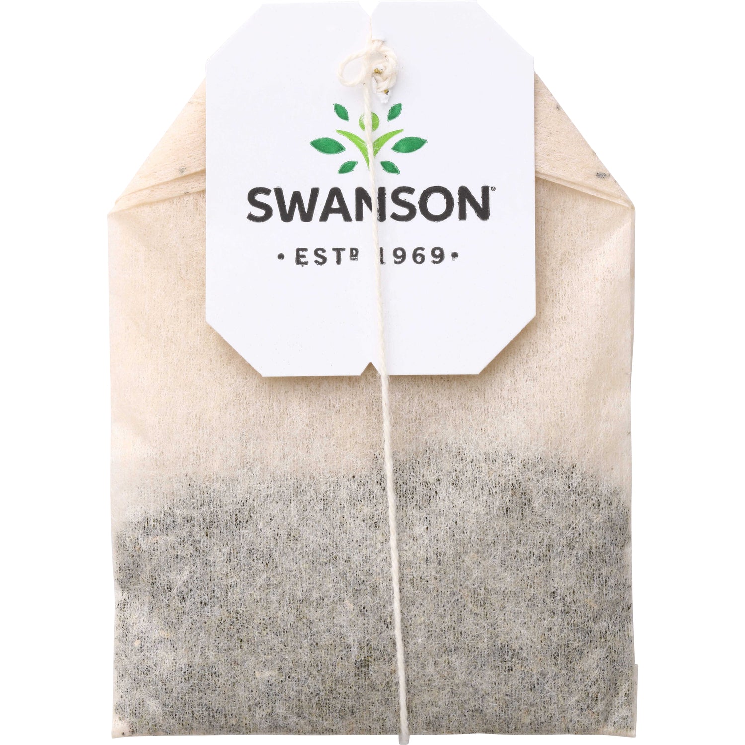 SWF084 | Close-up of tea bag with Swanson tag reading "SWANSON EST 1969" and visible dried tea leaves