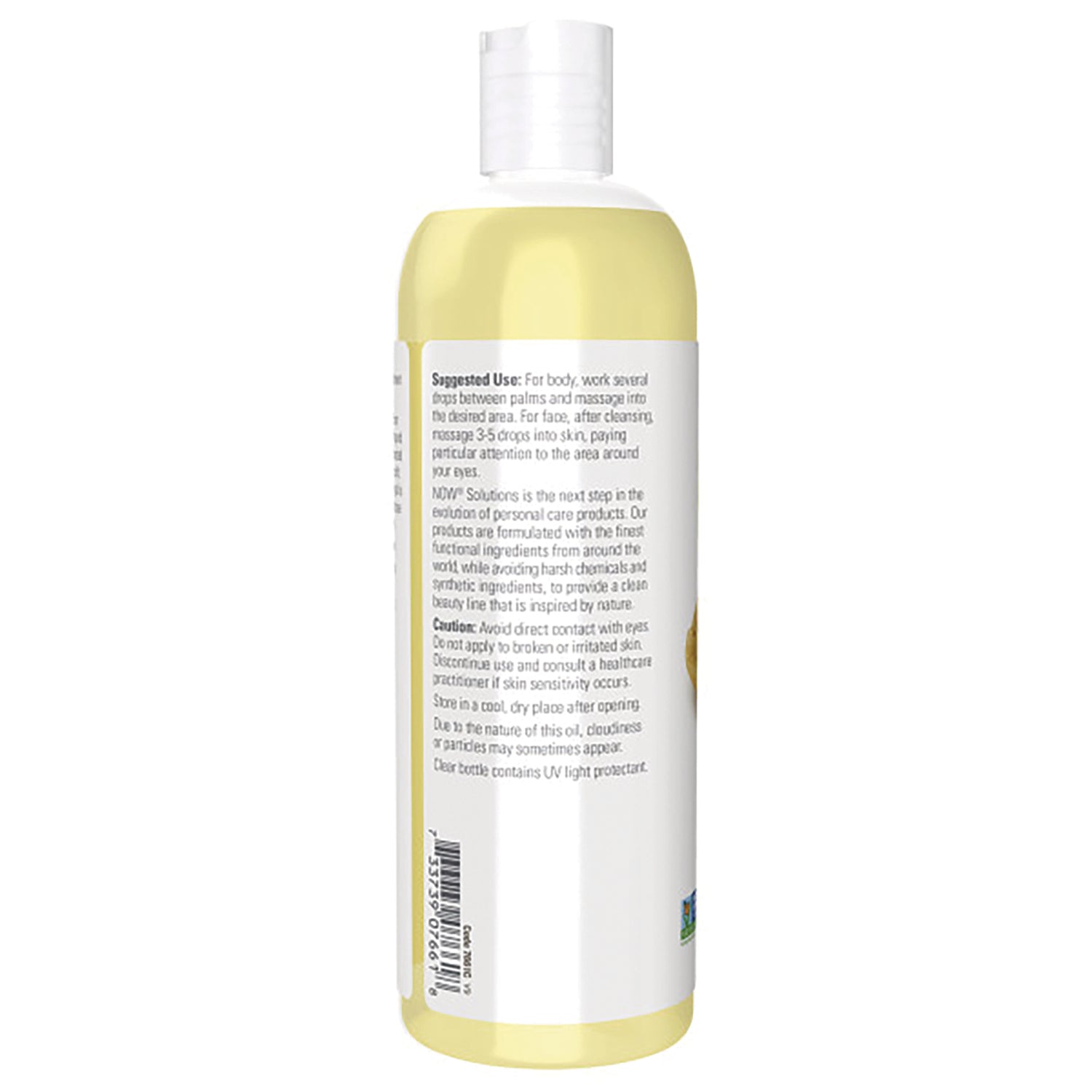 NWF017 | Back label of yellow plastic bottle showing usage instructions, caution text and barcode