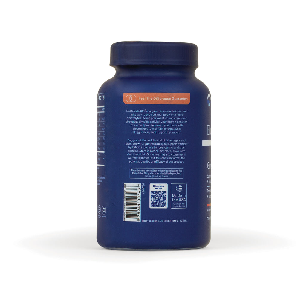 TM142 | Back of electrolyte gummies bottle with Feel The Difference Guarantee, directions, barcode, QR code, Made in the USA badge - Thumbnail
