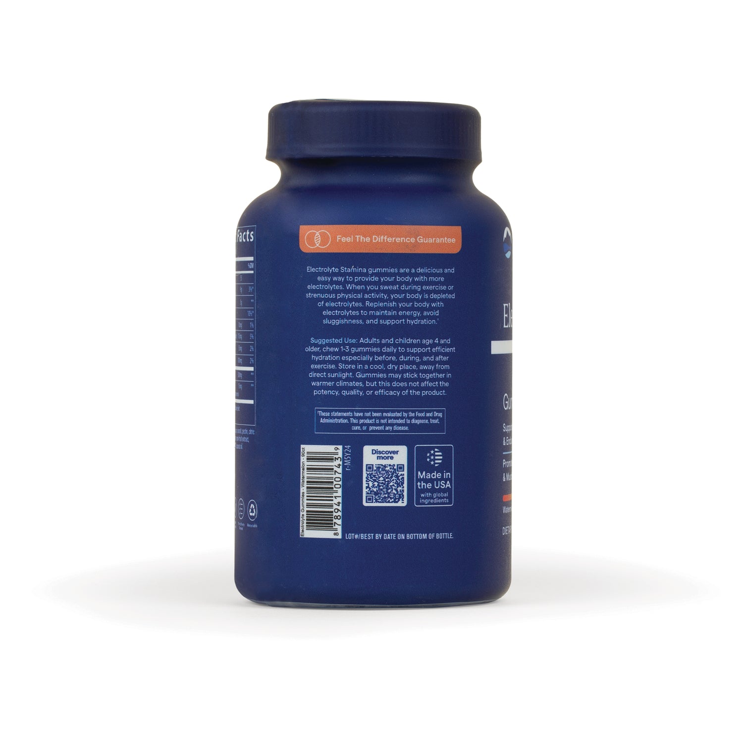 TM142 | Back of electrolyte gummies bottle with Feel The Difference Guarantee, directions, barcode, QR code, Made in the USA badge