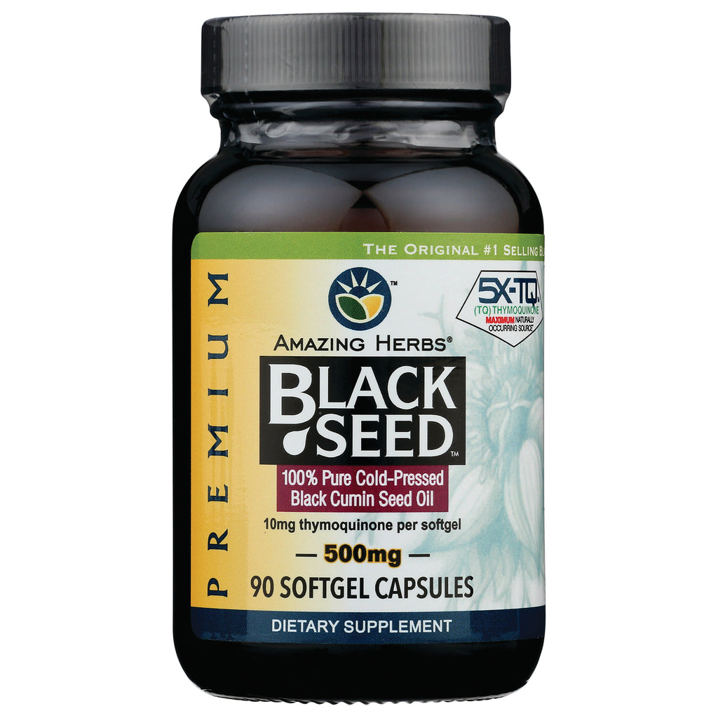 AZH002 | Amazing Herbs Black Seed 500mg bottle, 90 softgel capsules, 100% pure cold-pressed black cumin seed oil - Thumbnail