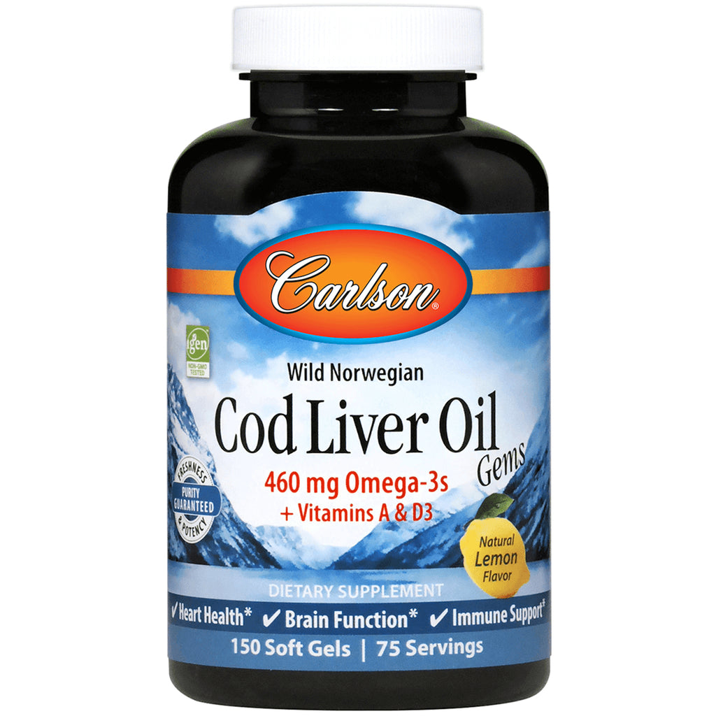 CSN021 | Carlson Wild Norwegian Cod Liver Oil Gems 460 mg Omega-3s natural lemon flavor, 150 soft gels bottle - Thumbnail