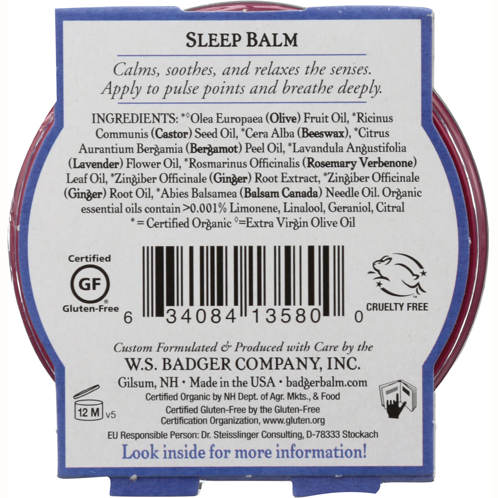 BAD010 | Back label of Sleep Balm showing ingredients list, barcode, gluten-free and cruelty-free icons - Thumbnail