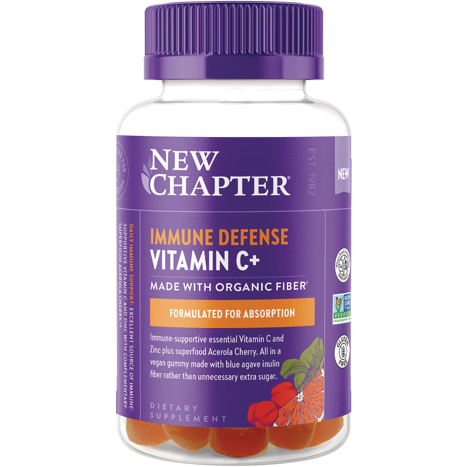 NWC377 | New Chapter Immune Defense Vitamin C+ supplement bottle with purple label and orange gummies visible