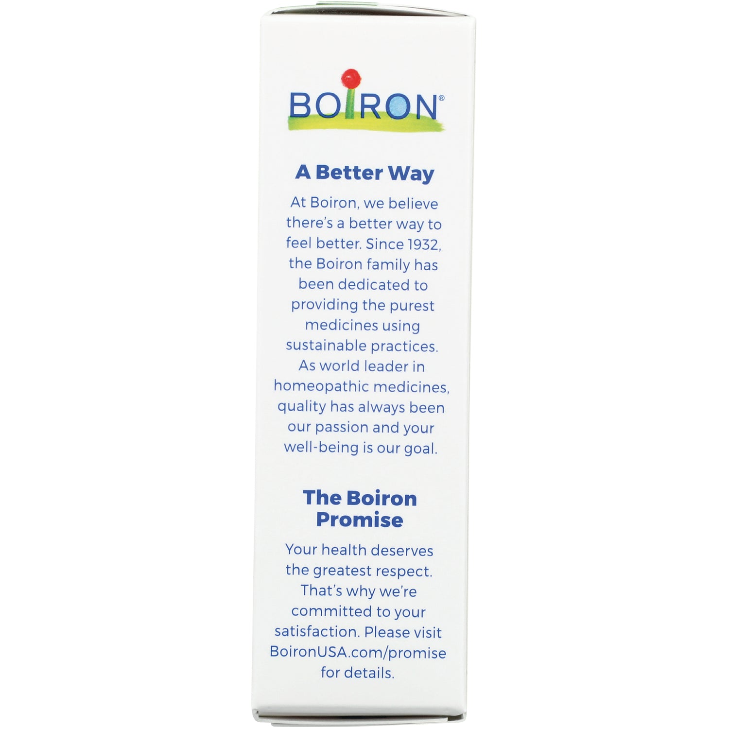 BRN119 | product infographic panel with Boiron logo, A Better Way headline and The Boiron Promise text