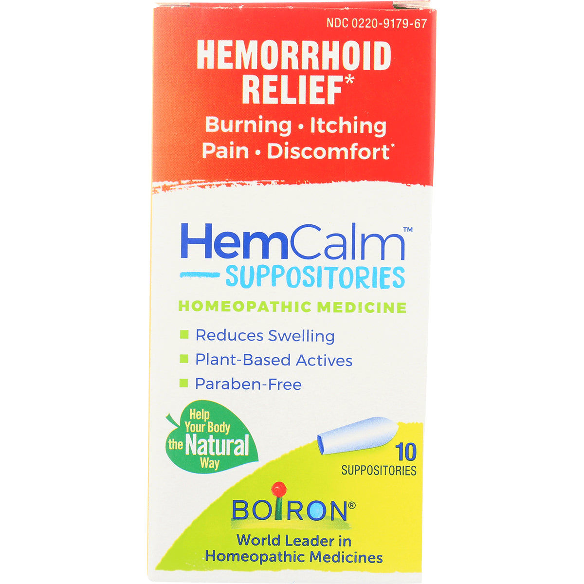 BRN118 | HemCalm suppositories box front showing homeopathic hemorrhoid relief, plant-based actives, paraben-free, 10 suppositories