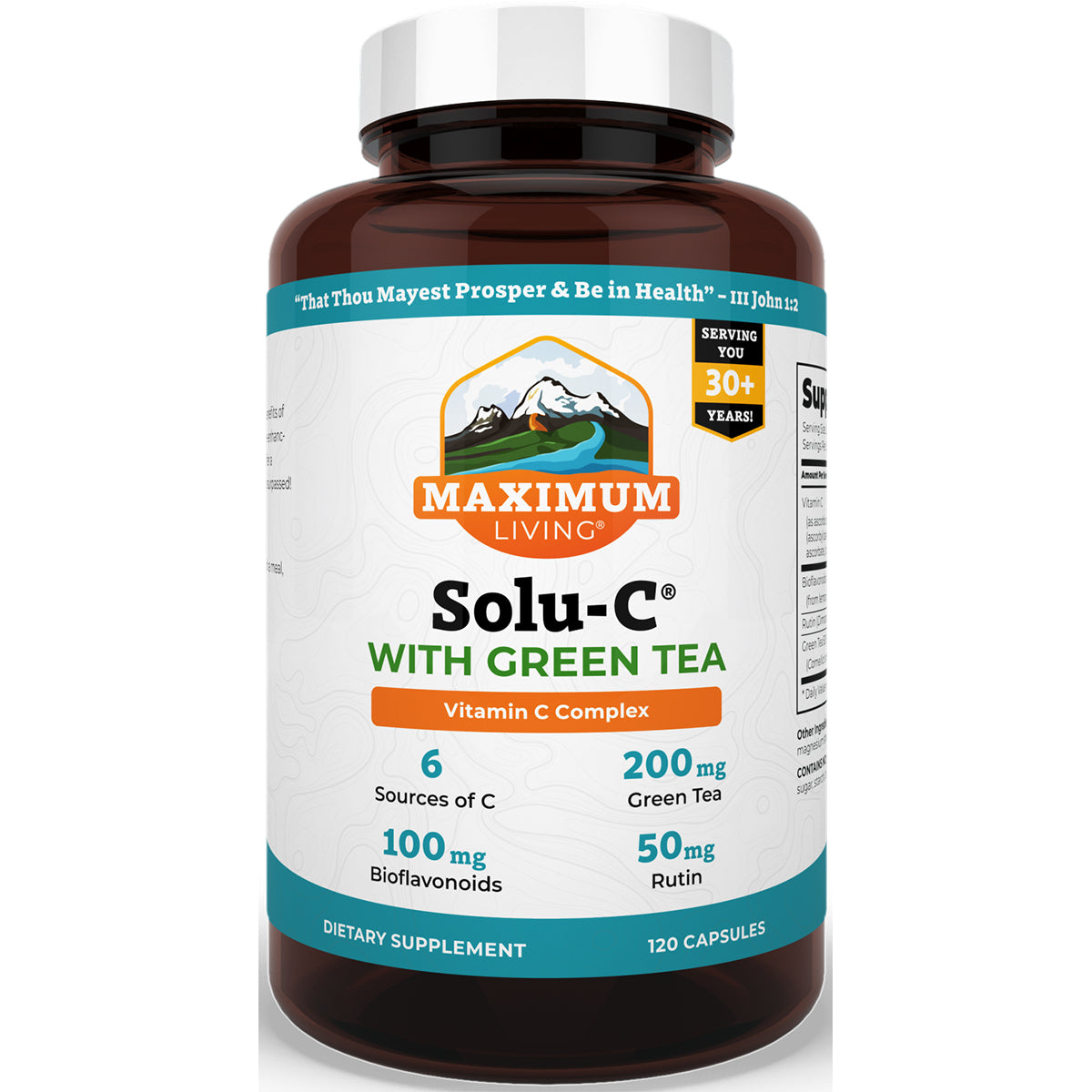 MK041 | Maximum Living Solu-C with Green Tea vitamin C complex bottle, white label on amber jar, 120 capsules