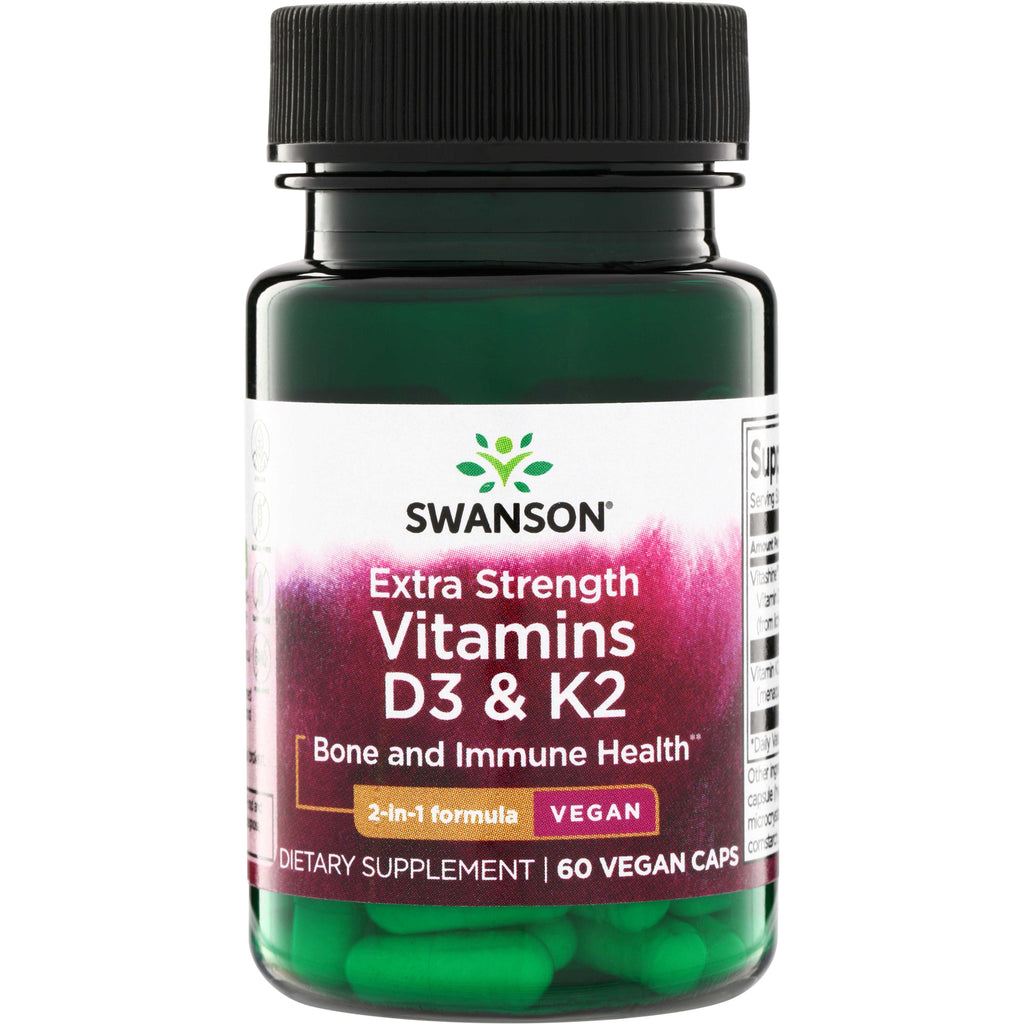 SW1804 | Swanson Extra Strength Vitamins D3 & K2, 60 vegan capsules, bottle front - Thumbnail