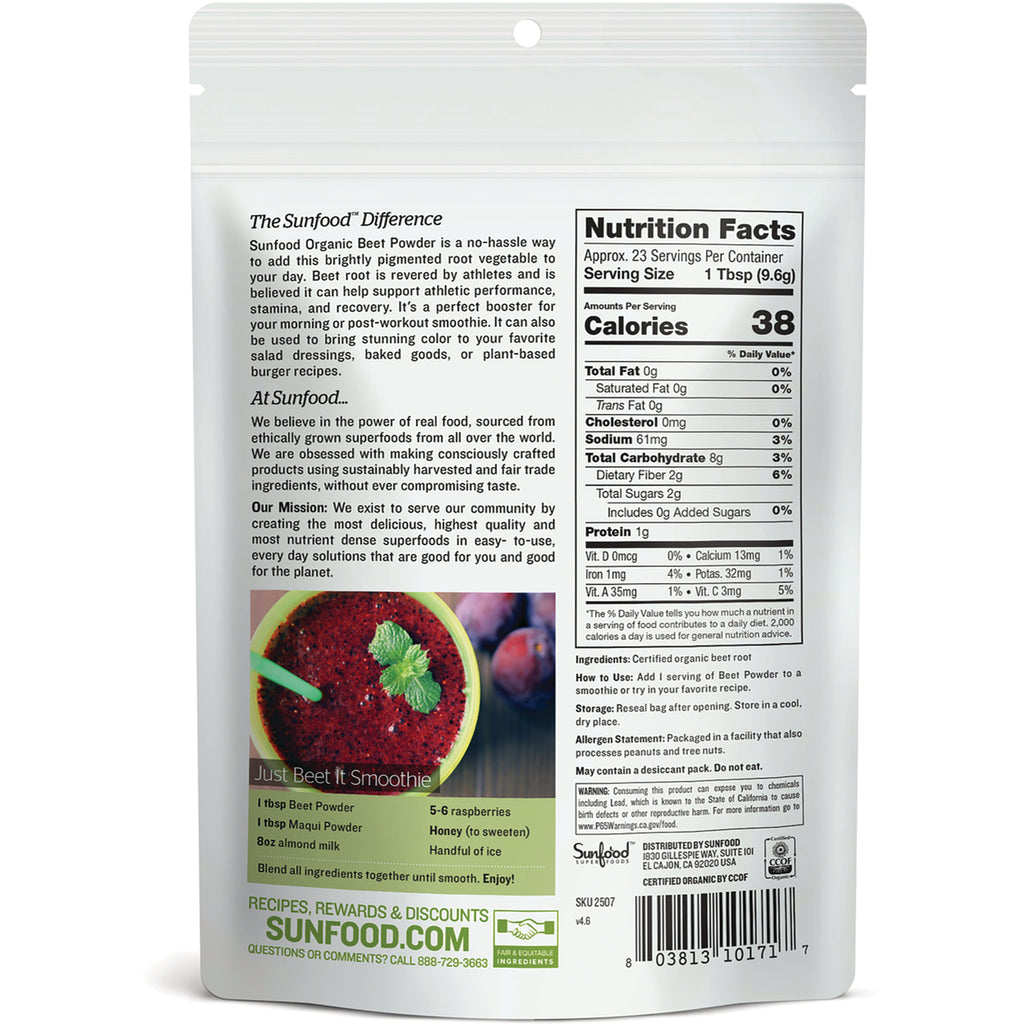 SNF031 | Back of Sunfood Organic Beet Powder pouch with Nutrition Facts, ingredients, and smoothie recipe - Thumbnail