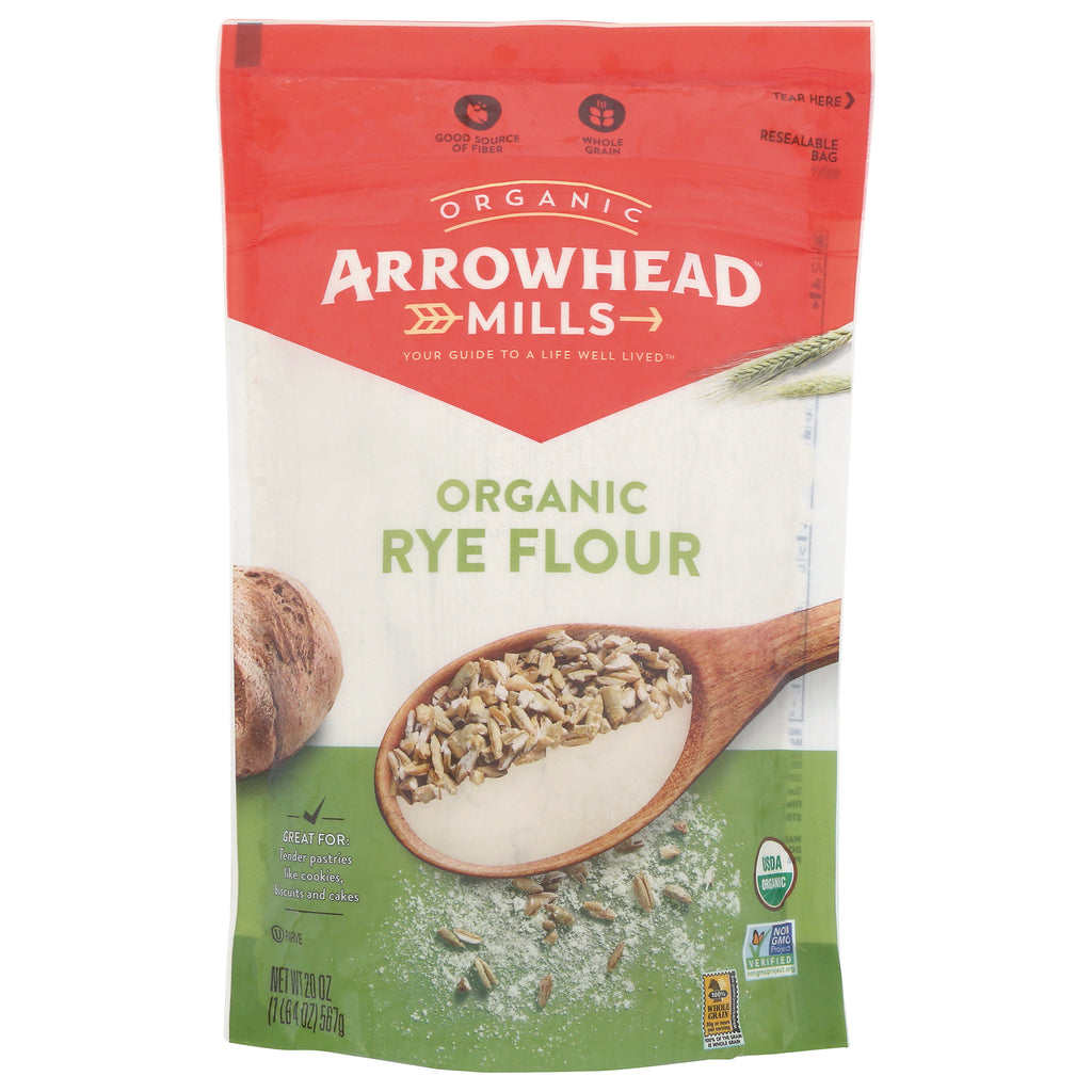 AHM059 | Arrowhead Mills Organic Rye Flour front pouch showing wooden spoon with flour and rye grains - Thumbnail