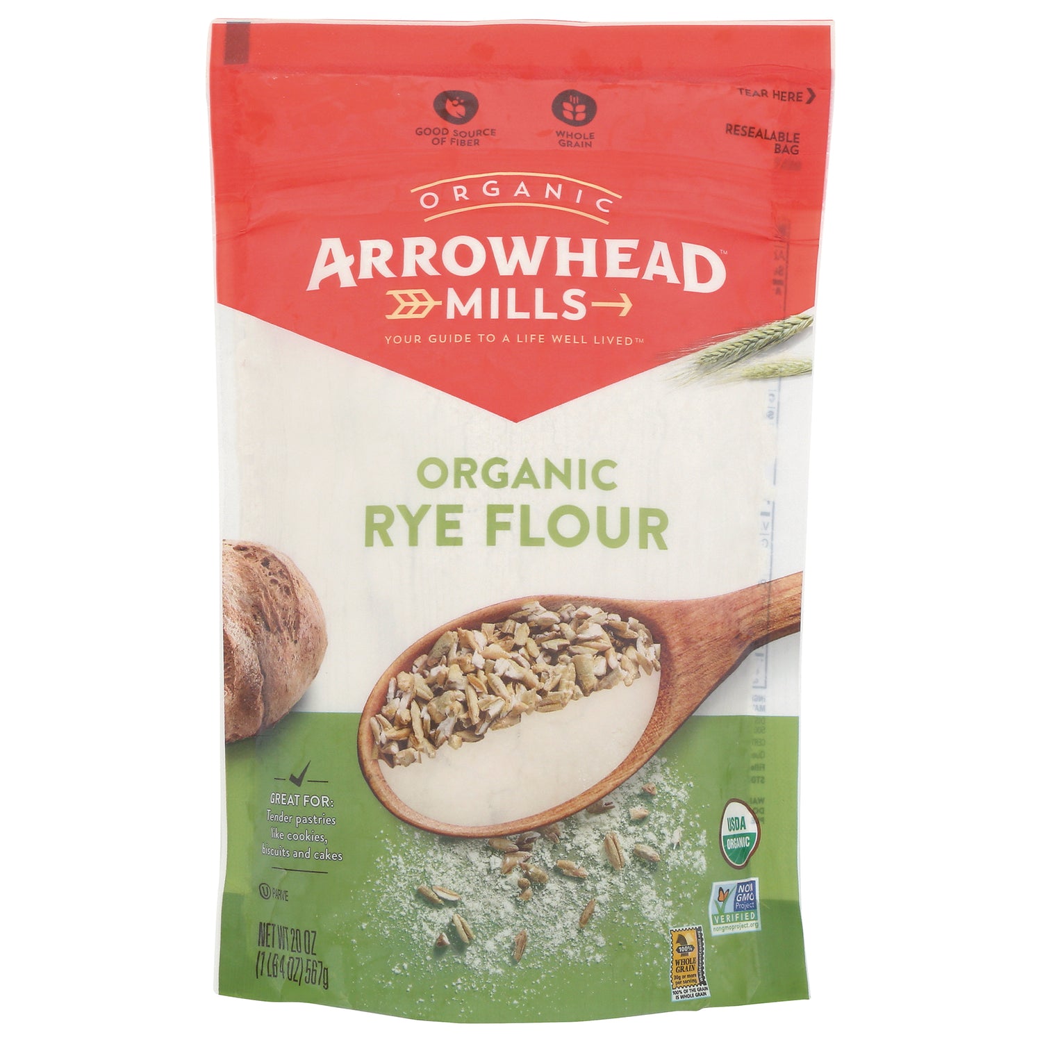 AHM059 | Arrowhead Mills Organic Rye Flour front pouch showing wooden spoon with flour and rye grains